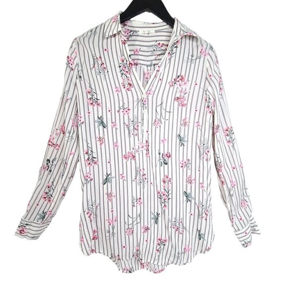 Pleione White Gray Pink Floral Long Sleeve Slinky Button Front Oversized Top - Picture 1 of 7